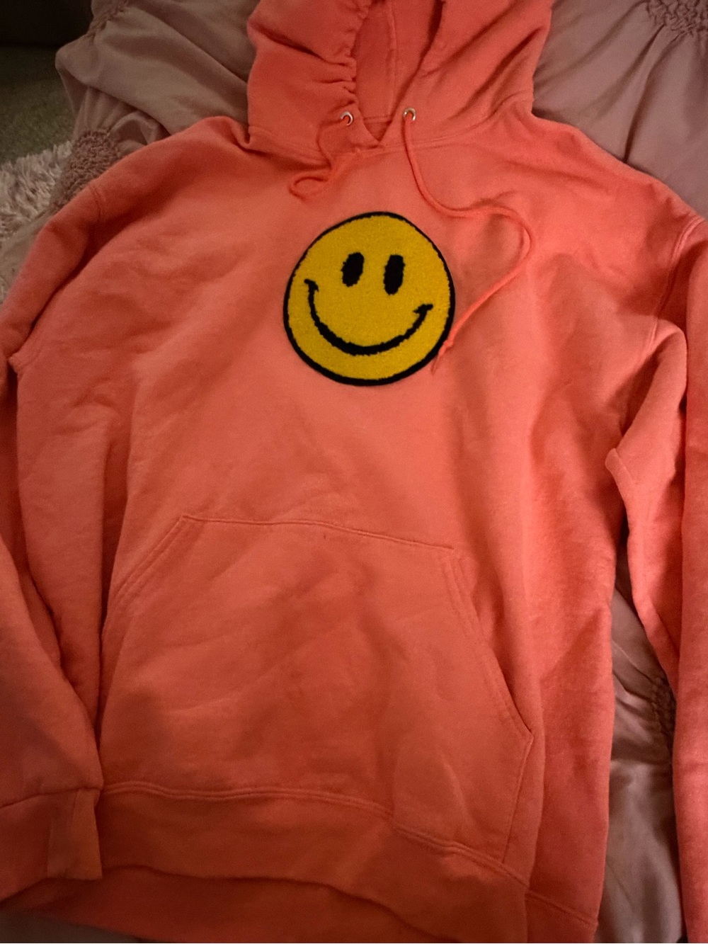 Coral Hoodie with Smiley Face Patch